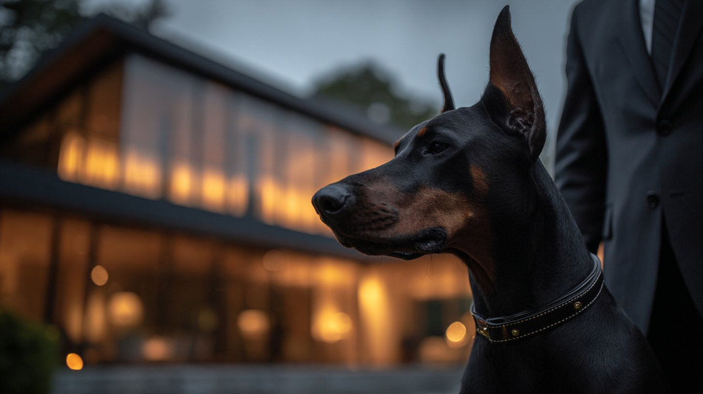 Doberman Pinscher executive protection dog with handler at luxury estate — ALLDOGS ELITE