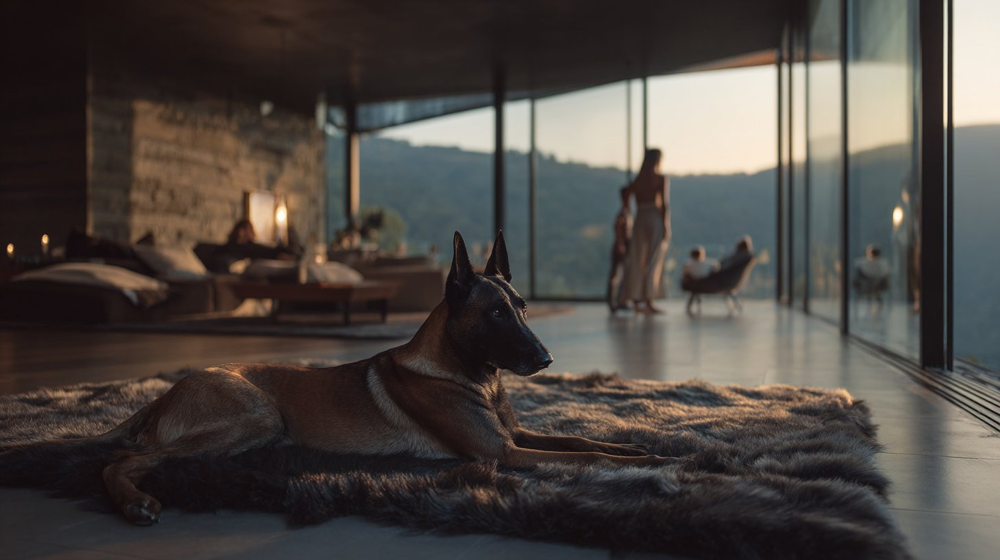 Belgian Malinois elite protection dog resting with family in luxury home — ALLDOGS ELITE Queensland